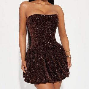 Fashion Nova Strapless Sequin Dress in Deep Brown